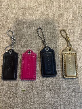 Coach 2” Leather and Metallic Mini Hang Tag Keychains - Black, Pink, Gold
